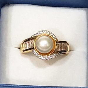 South Sea golden pearl & Zircon halo ring 8.8mm 14k YG vermeil over 925 SS sz 9